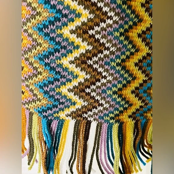 MISSONI. Multi-Color Fringed Knit Wool Scarf in Chevron Pattern
